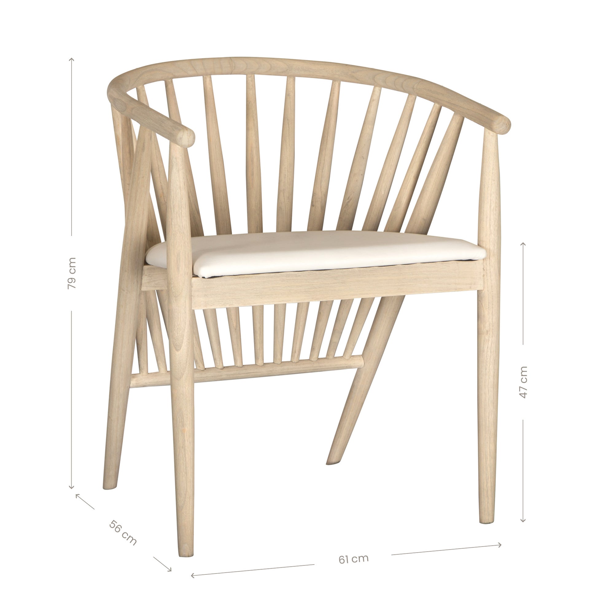 Lightwood spindle dining chair with a curved backrest and white upholstered seat, showcasing a modern yet timeless design. Crafted from solid wood, this chair brings a refined, natural aesthetic to any dining or living space