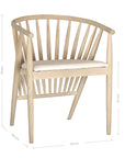 Lightwood spindle dining chair with a curved backrest and white upholstered seat, showcasing a modern yet timeless design. Crafted from solid wood, this chair brings a refined, natural aesthetic to any dining or living space