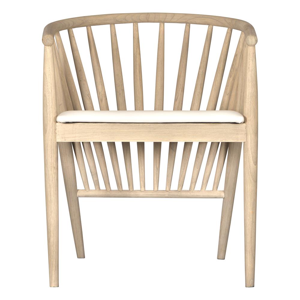 Lightwood spindle dining chair with a curved backrest and white upholstered seat, showcasing a modern yet timeless design. Crafted from solid wood, this chair brings a refined, natural aesthetic to any dining or living space