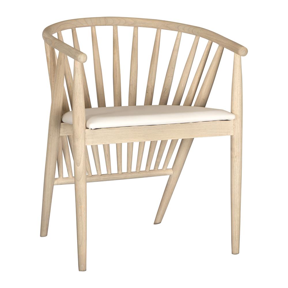 Lightwood spindle dining chair with a curved backrest and white upholstered seat, showcasing a modern yet timeless design. Crafted from solid wood, this chair brings a refined, natural aesthetic to any dining or living space