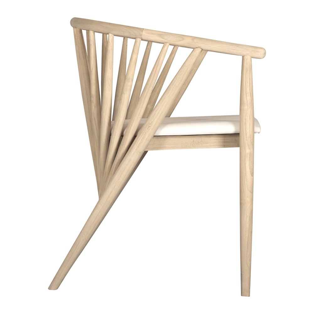 Lightwood spindle dining chair with a curved backrest and white upholstered seat, showcasing a modern yet timeless design. Crafted from solid wood, this chair brings a refined, natural aesthetic to any dining or living space