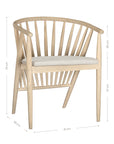 Lightwood spindle dining chair with a curved backrest and white upholstered seat, showcasing a modern yet timeless design. Crafted from solid wood, this chair brings a refined, natural aesthetic to any dining or living space