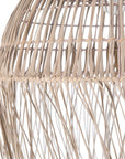 Handwoven rattan pendant light featuring an intricate open-weave dome design with natural fringe detailing. This organic lighting piece adds texture and warmth to any space, perfect for coastal and bohemian interiors