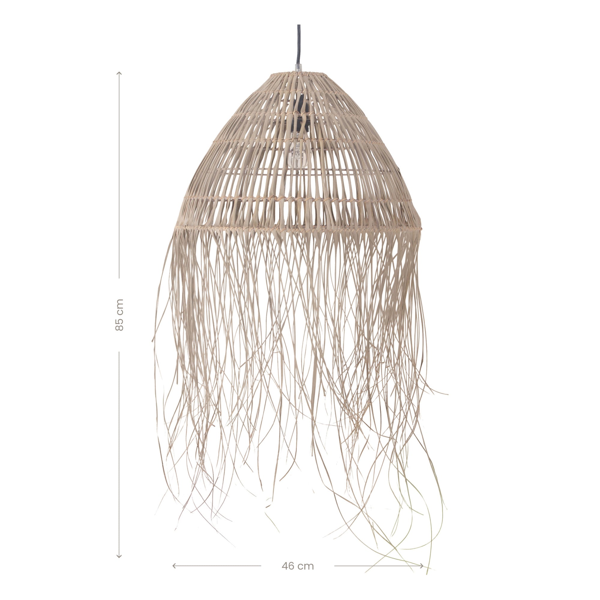 Handwoven rattan pendant light featuring an intricate open-weave dome design with natural fringe detailing. This organic lighting piece adds texture and warmth to any space, perfect for coastal and bohemian interiors