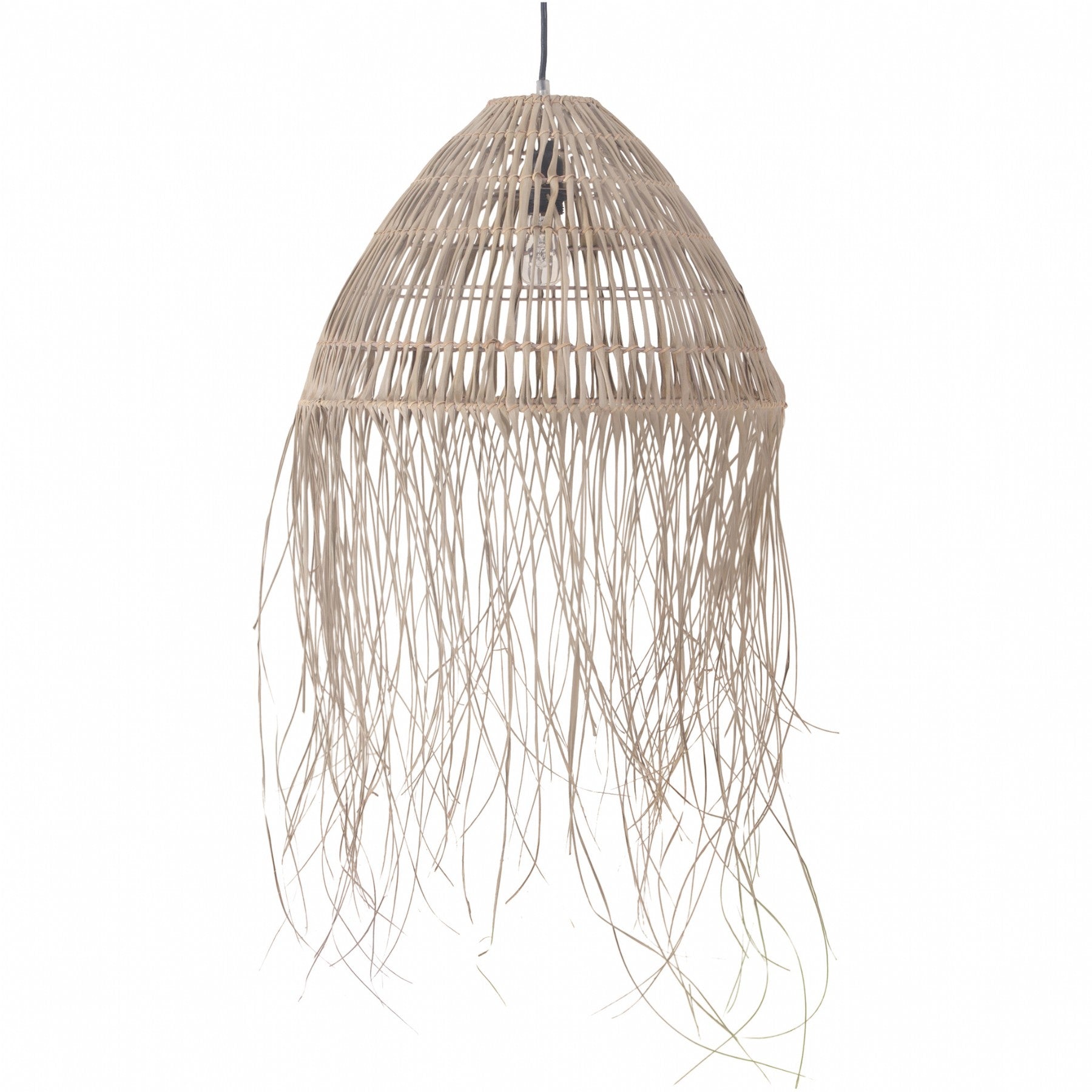 Handwoven rattan pendant light featuring an intricate open-weave dome design with natural fringe detailing. This organic lighting piece adds texture and warmth to any space, perfect for coastal and bohemian interiors