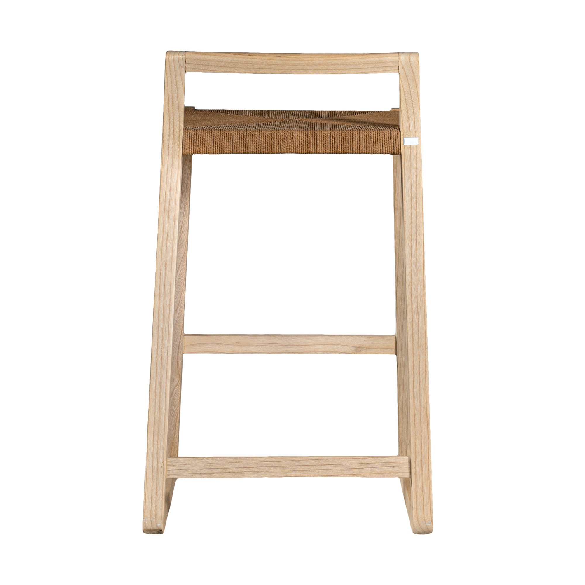 Modern bar stool crafted from lightwood with a woven rope seat and sleek geometric frame. A minimalist backrest provides subtle support, making it a stylish and functional addition to any kitchen or bar area