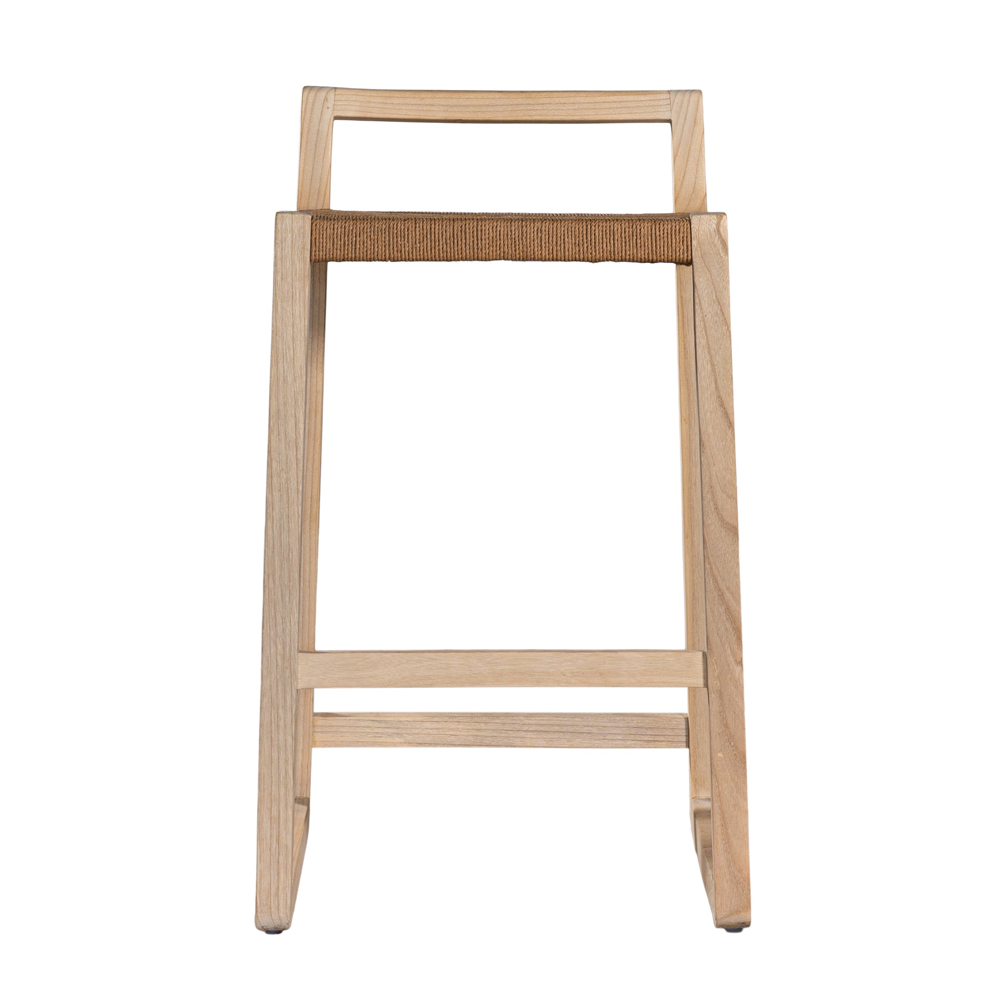 Modern bar stool crafted from lightwood with a woven rope seat and sleek geometric frame. A minimalist backrest provides subtle support, making it a stylish and functional addition to any kitchen or bar area