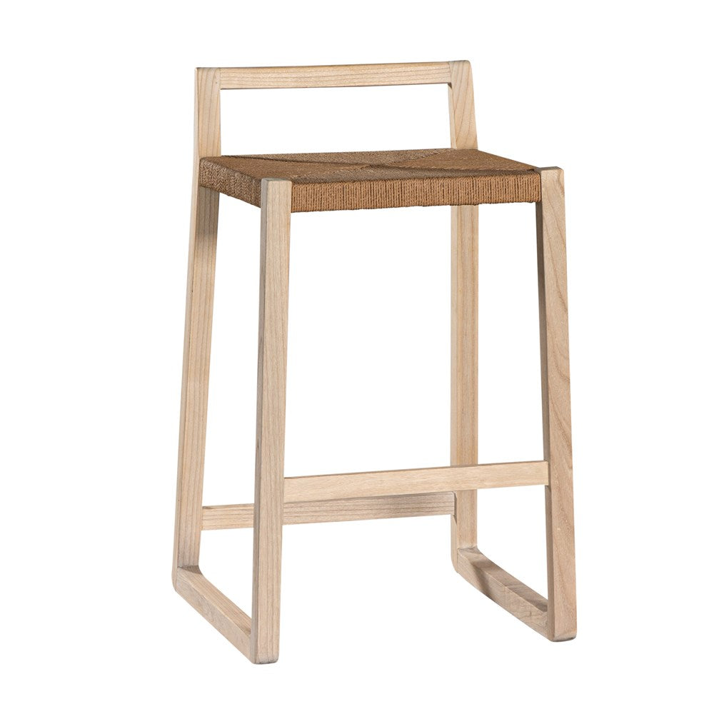 Modern bar stool crafted from lightwood with a woven rope seat and sleek geometric frame. A minimalist backrest provides subtle support, making it a stylish and functional addition to any kitchen or bar area