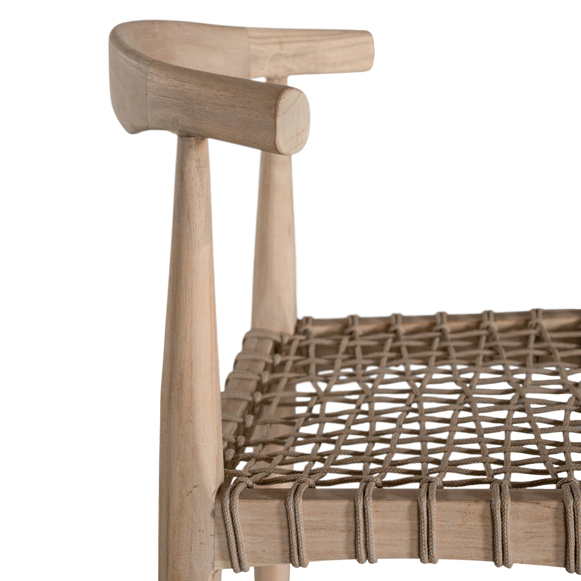 Lightwood bar stool with a sculpted timber backrest and handwoven rope seat, blending natural textures with contemporary design. A stylish addition to modern kitchen or bar spaces