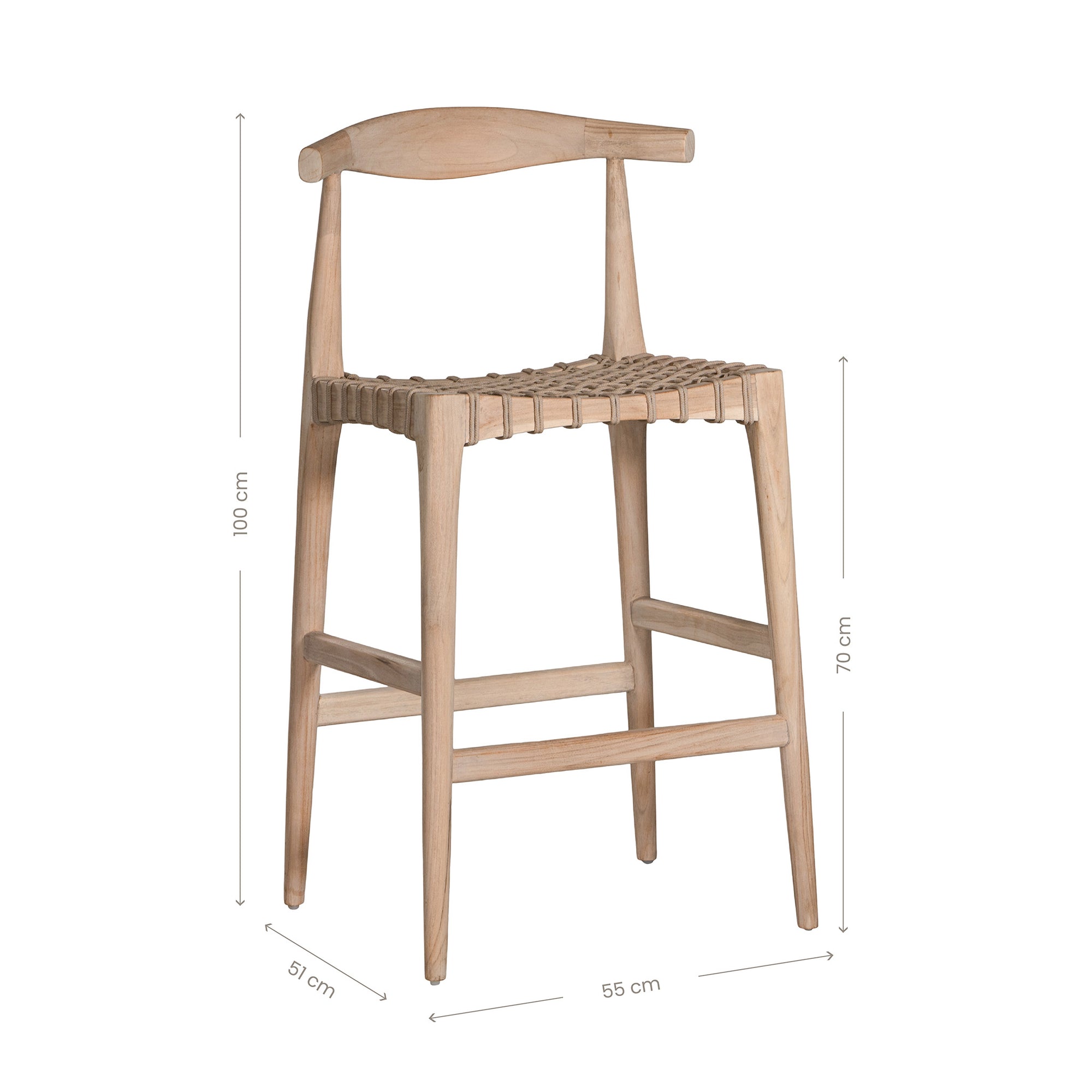 Lightwood bar stool with a sculpted timber backrest and handwoven rope seat, blending natural textures with contemporary design. A stylish addition to modern kitchen or bar spaces