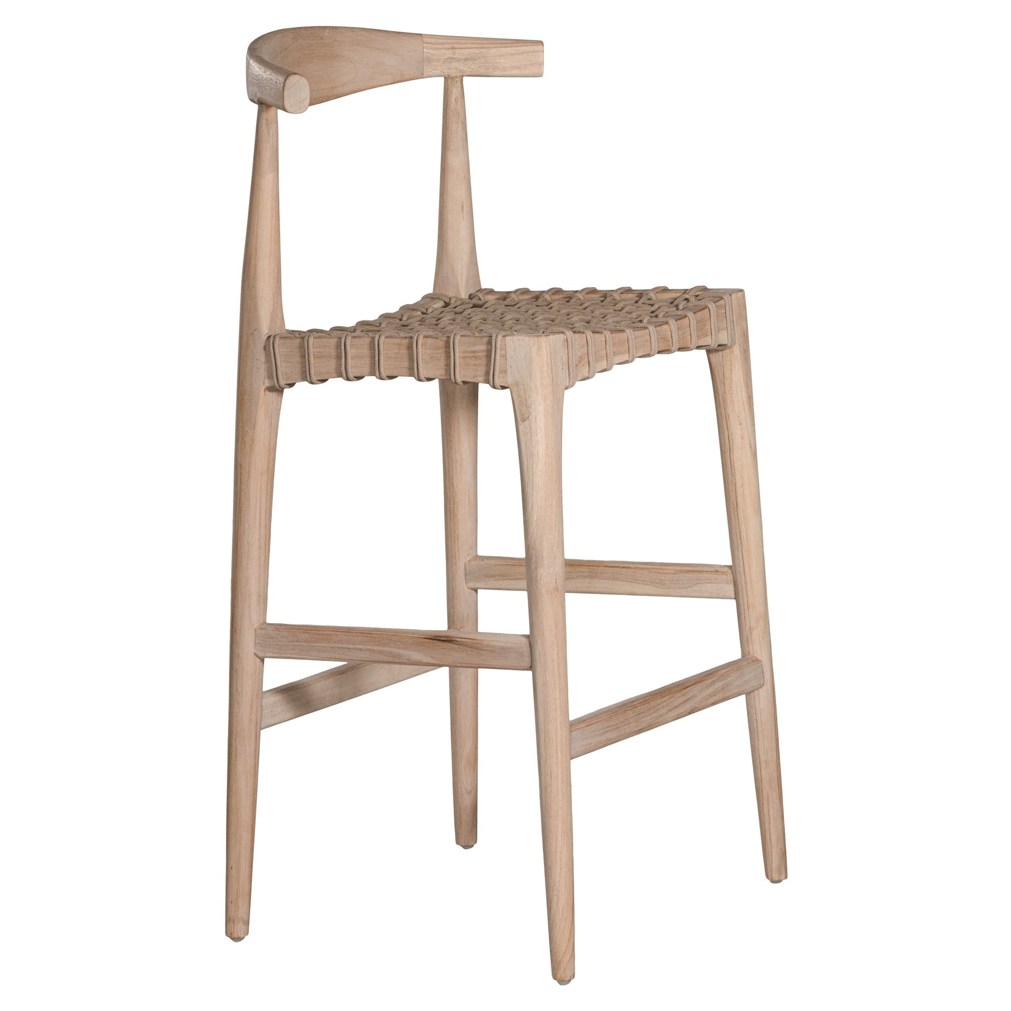 Lightwood bar stool with a sculpted timber backrest and handwoven rope seat, blending natural textures with contemporary design. A stylish addition to modern kitchen or bar spaces