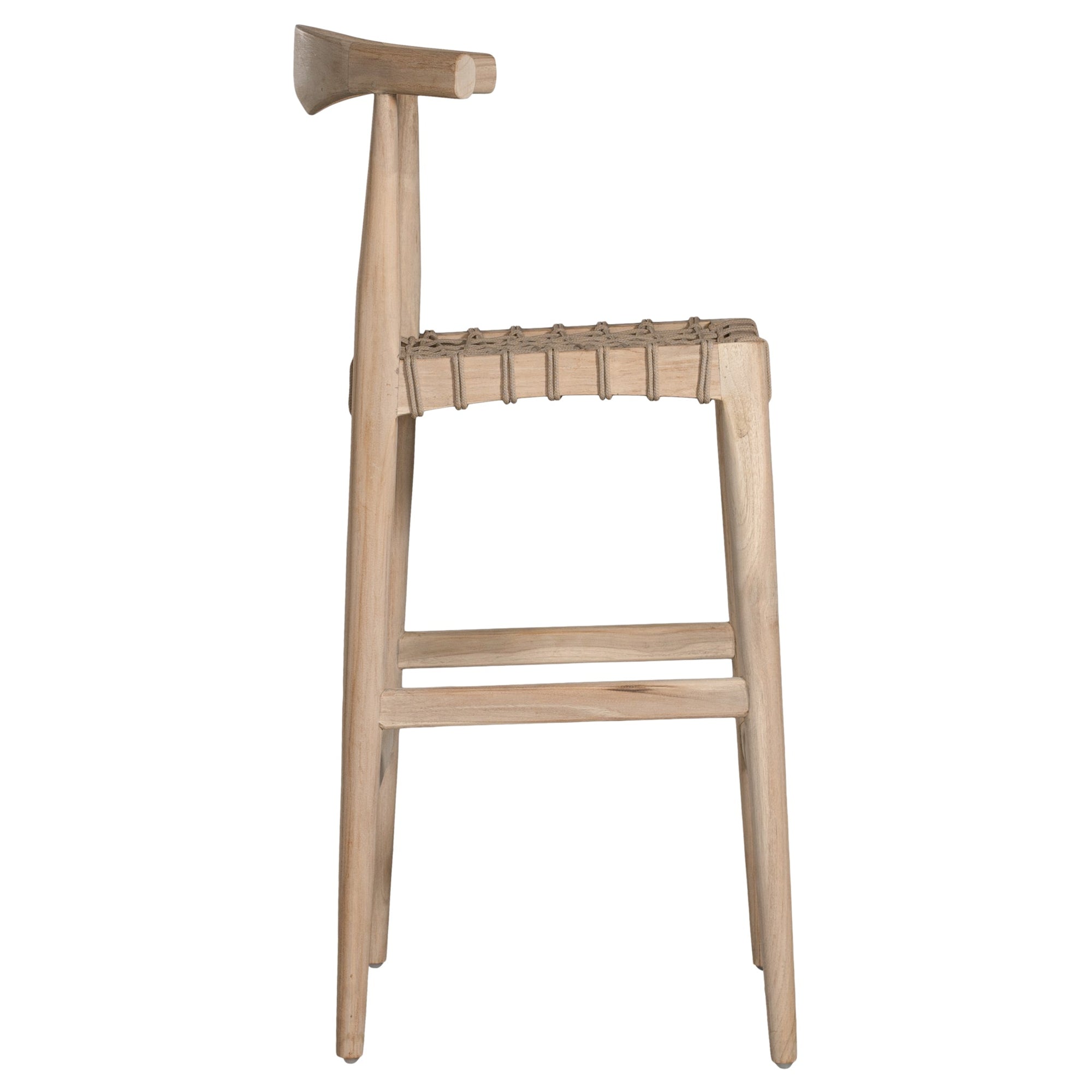 Lightwood bar stool with a sculpted timber backrest and handwoven rope seat, blending natural textures with contemporary design. A stylish addition to modern kitchen or bar spaces