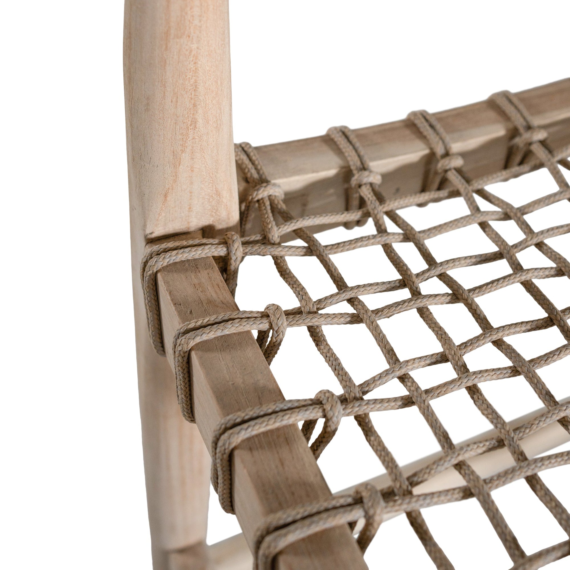 Lightwood bar stool with a sculpted timber backrest and handwoven rope seat, blending natural textures with contemporary design. A stylish addition to modern kitchen or bar spaces