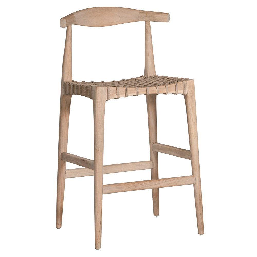 Lightwood bar stool with a sculpted timber backrest and handwoven rope seat, blending natural textures with contemporary design. A stylish addition to modern kitchen or bar spaces