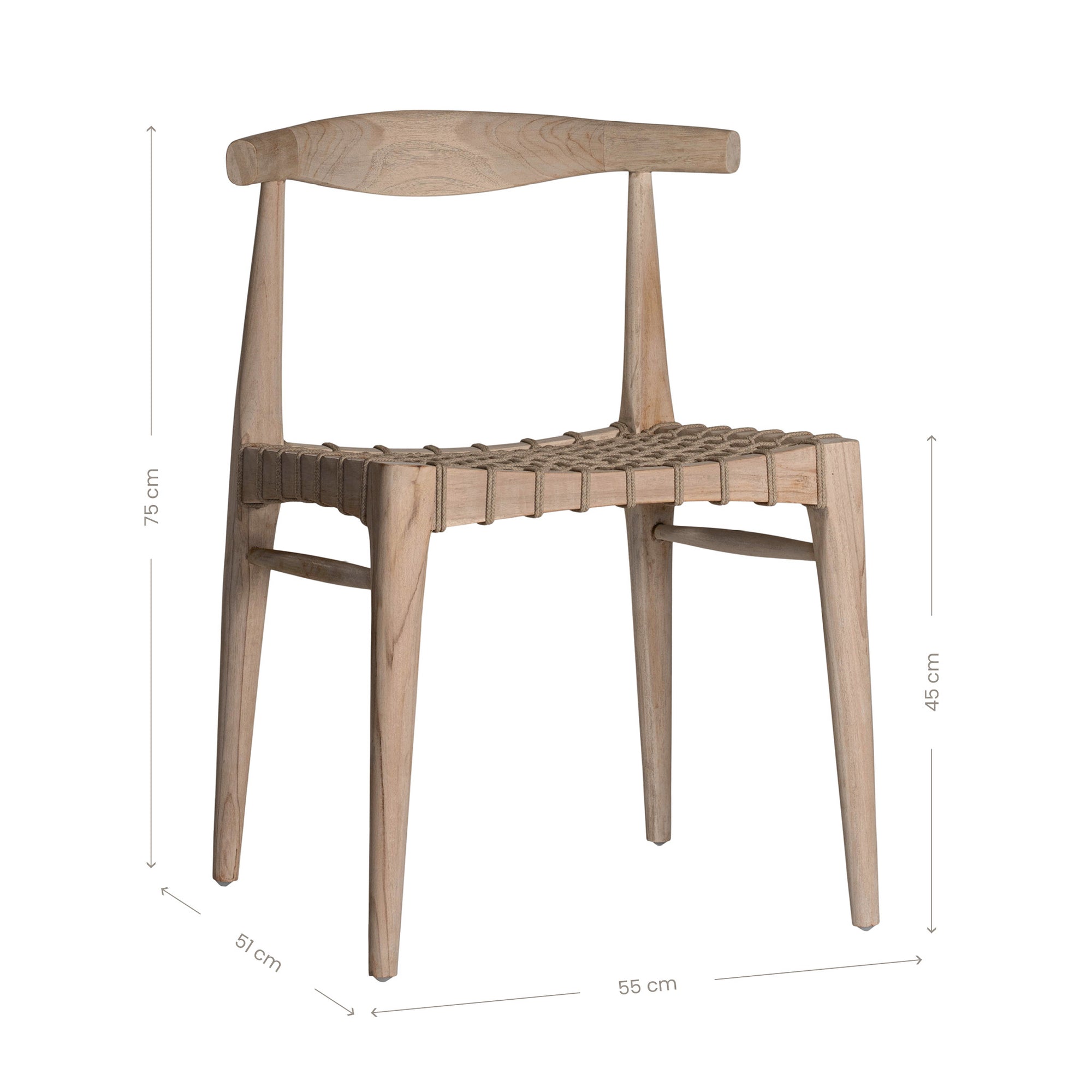 Modern lightwood dining chair featuring a sculpted timber backrest and a handwoven rope seat. A perfect blend of natural materials and contemporary craftsmanship for stylish dining spaces