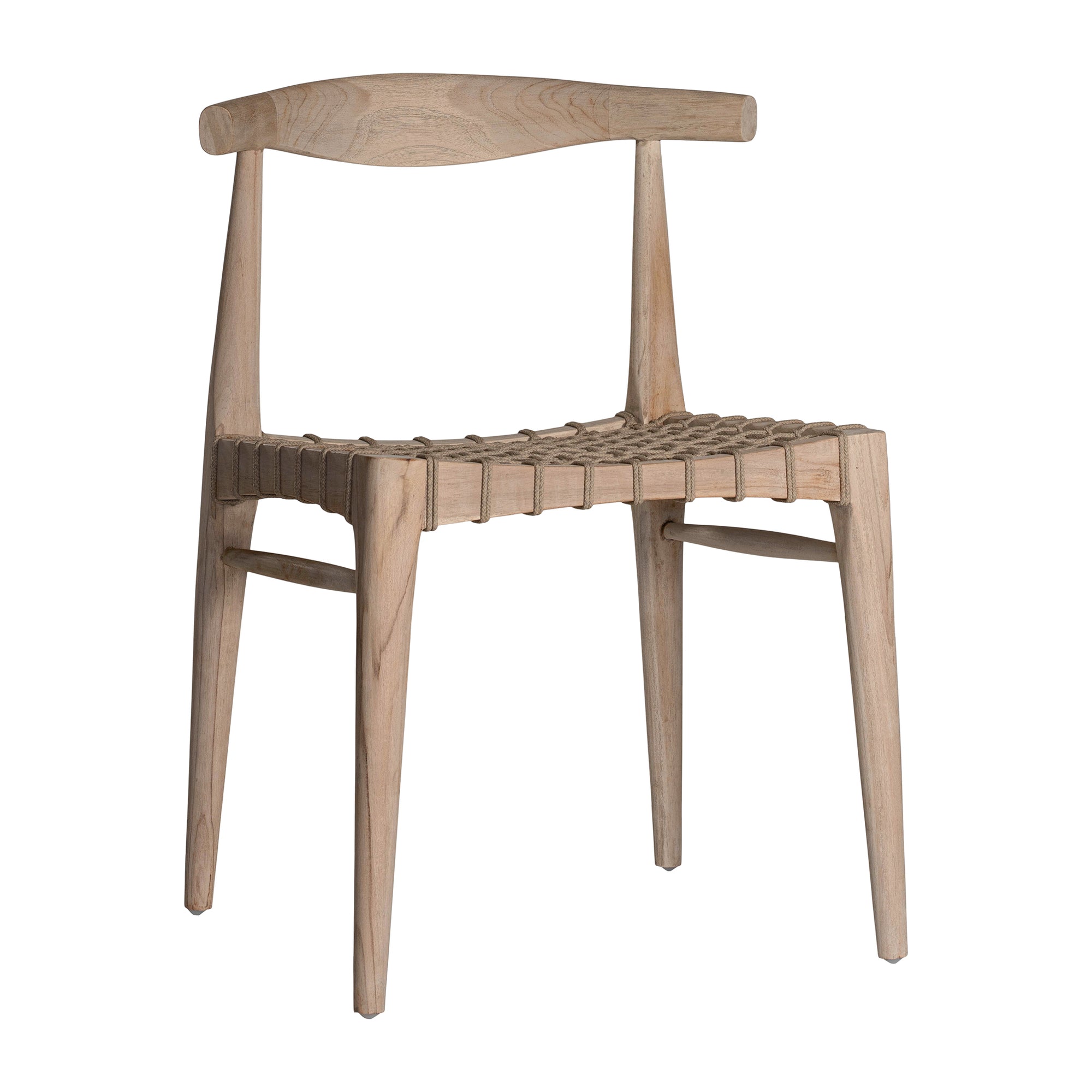 Modern lightwood dining chair featuring a sculpted timber backrest and a handwoven rope seat. A perfect blend of natural materials and contemporary craftsmanship for stylish dining spaces