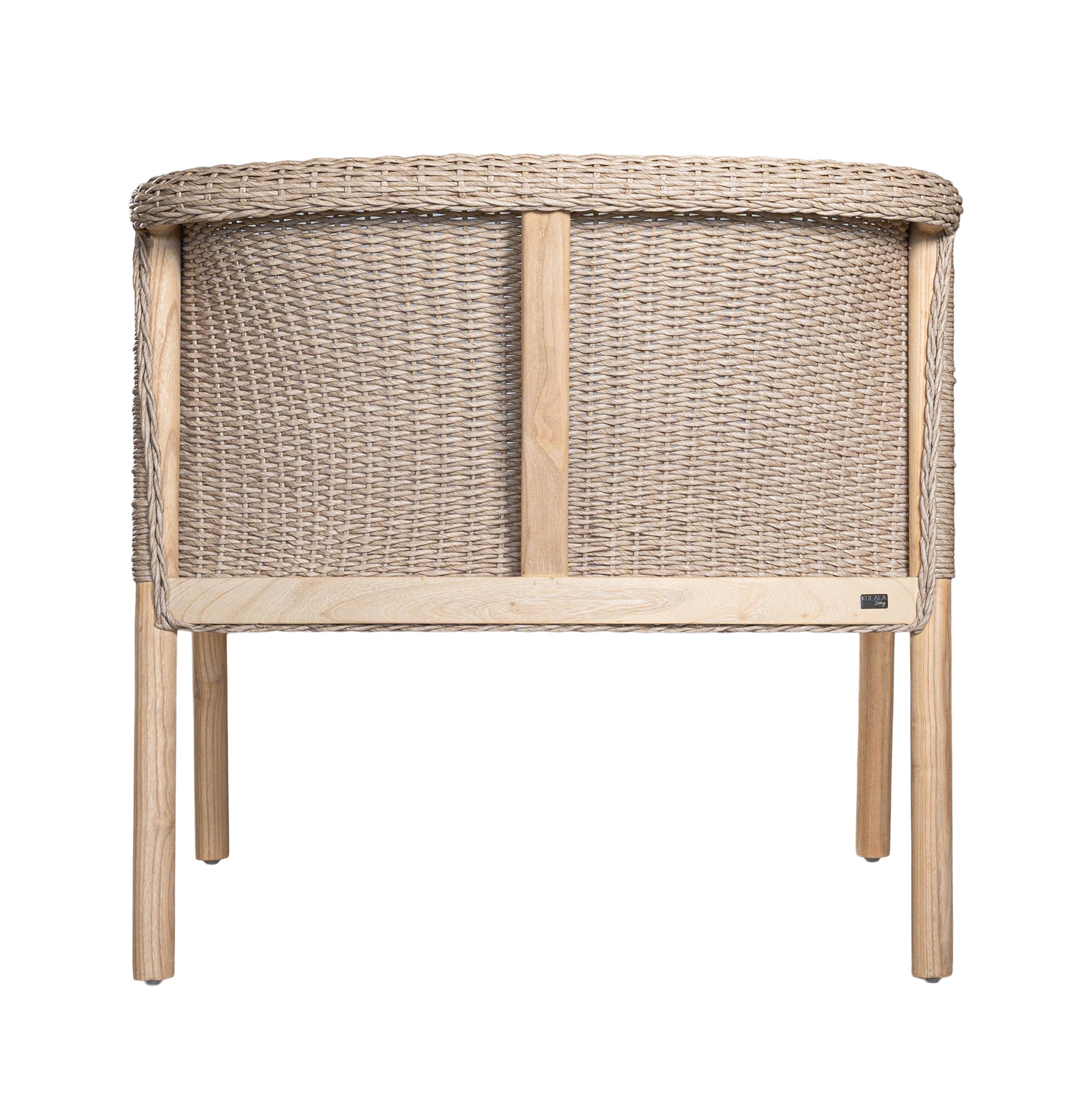 Modern woven armchair with a light timber frame and a plush white seat cushion. A perfect blend of natural texture and contemporary design for relaxed living spaces