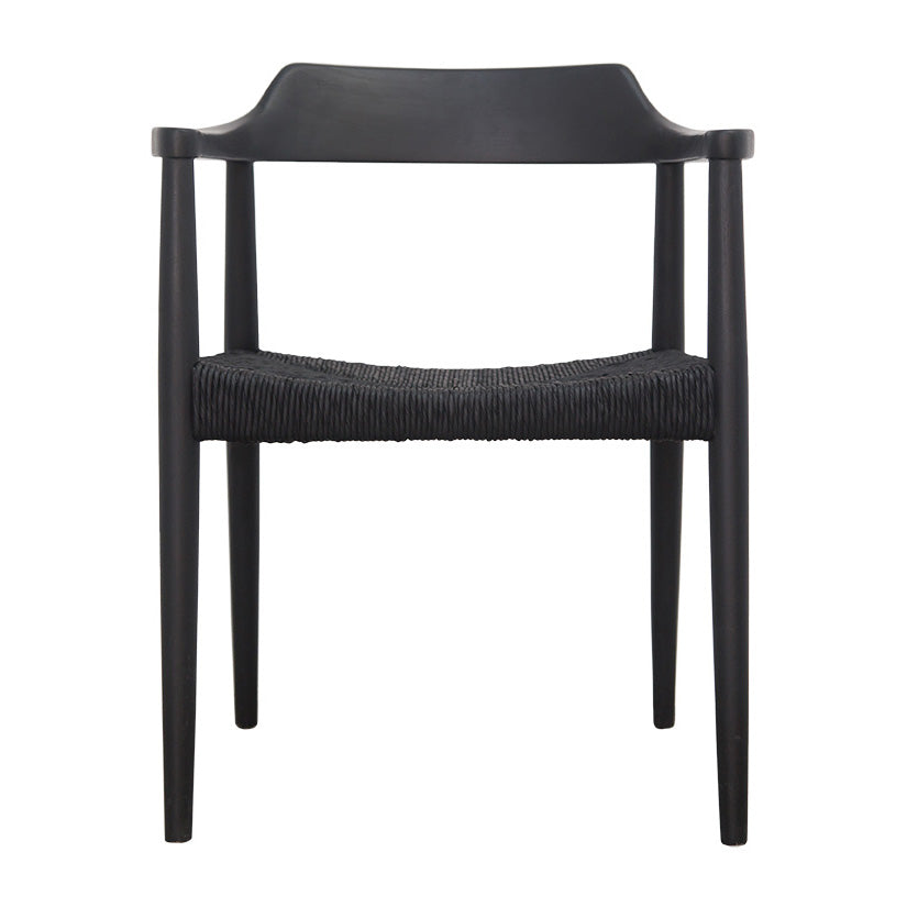 Elegant black dining chair with a woven seat and a sleek timber frame. A refined and modern seating option for contemporary interiors