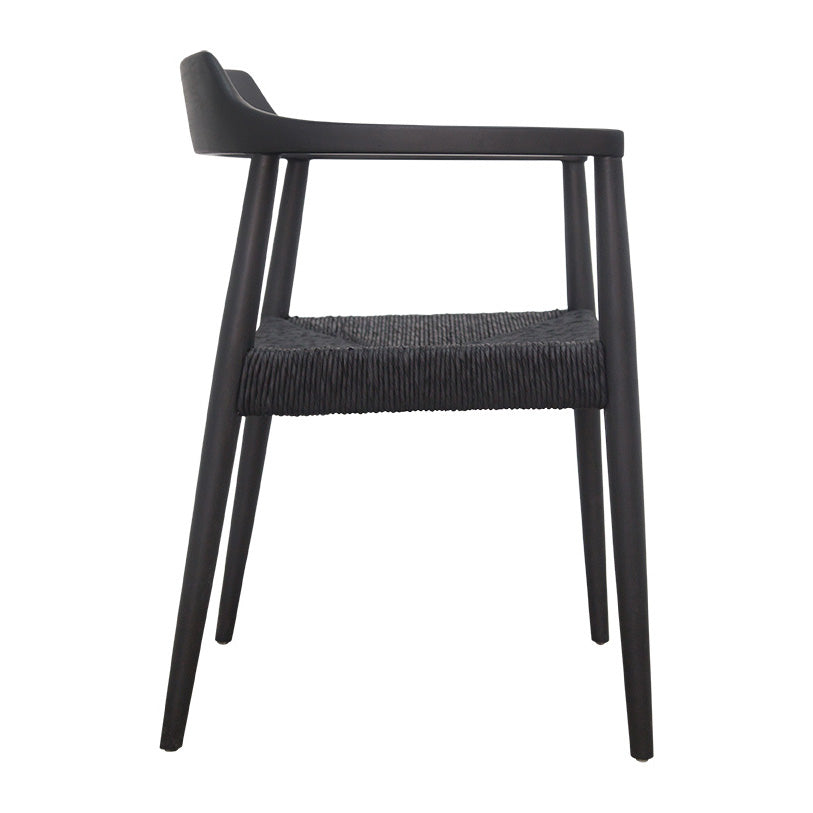 Elegant black dining chair with a woven seat and a sleek timber frame. A refined and modern seating option for contemporary interiors