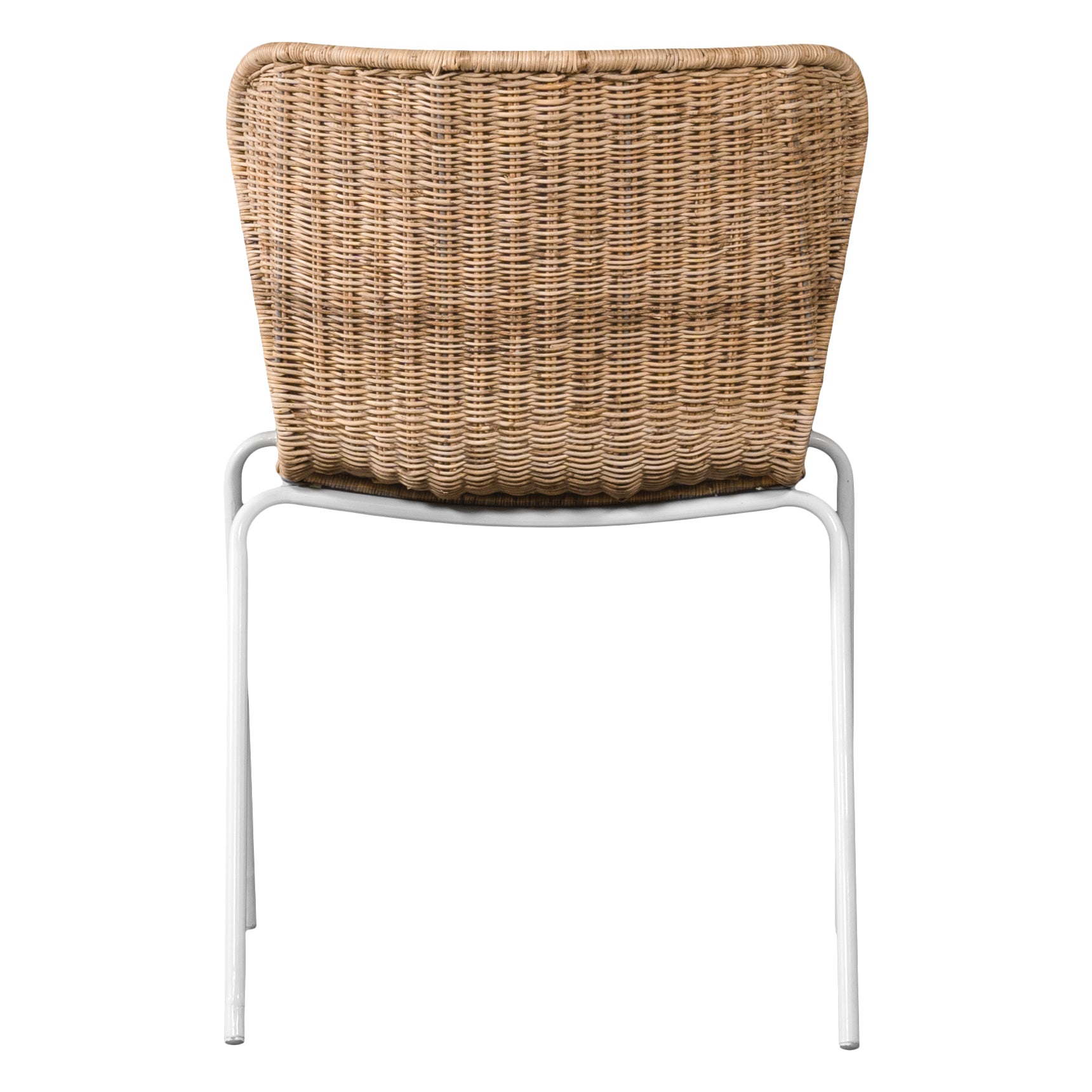 Contemporary dining chair with a sleek white metal frame and a handwoven natural rattan seat and backrest, offering a stylish and comfortable alfresco seating option