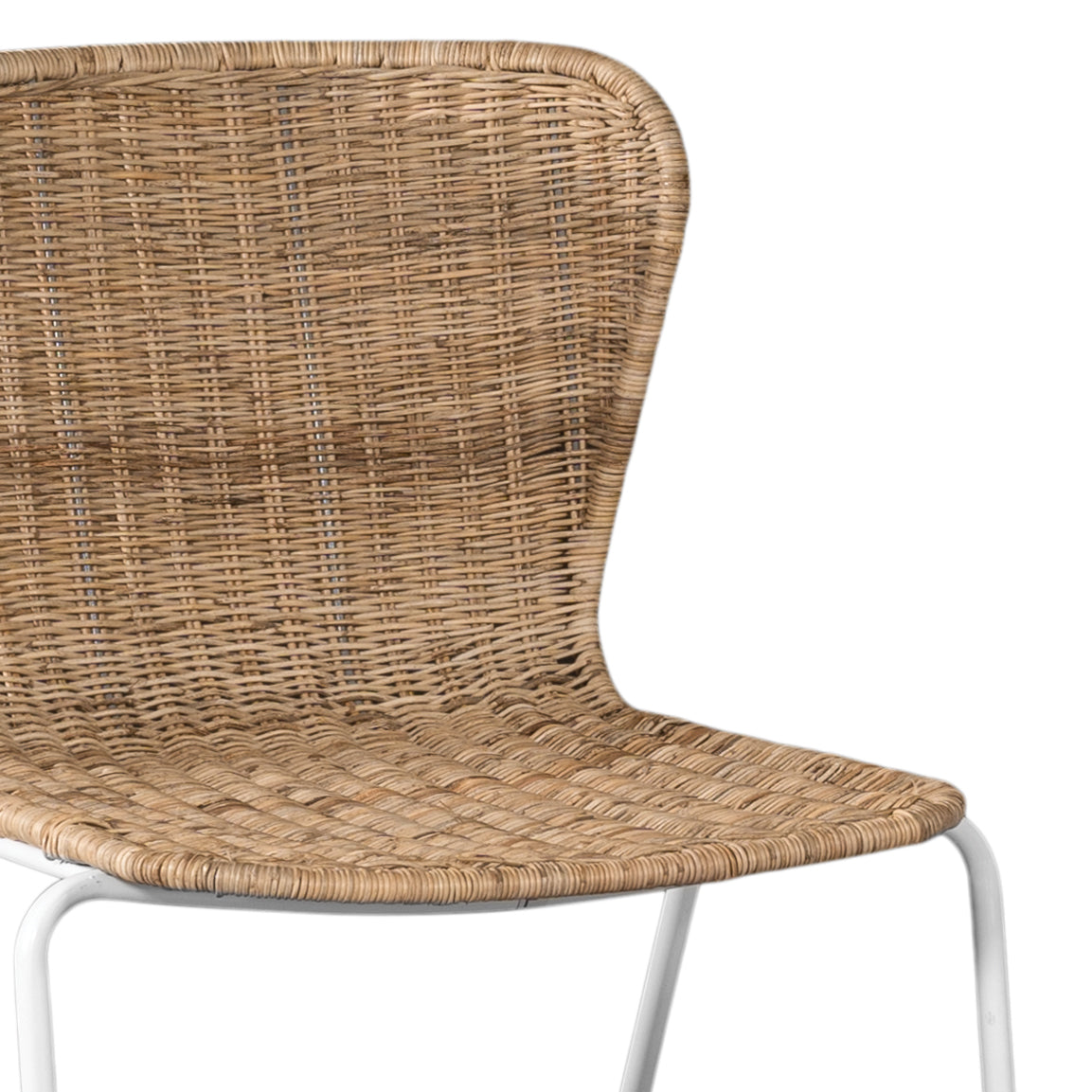 Contemporary dining chair with a sleek white metal frame and a handwoven natural rattan seat and backrest, offering a stylish and comfortable alfresco seating option