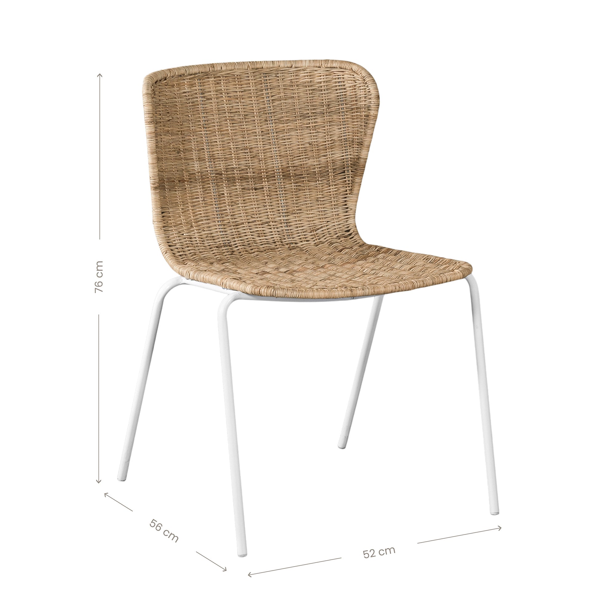 Contemporary dining chair with a sleek white metal frame and a handwoven natural rattan seat and backrest, offering a stylish and comfortable alfresco seating option