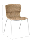 Contemporary dining chair with a sleek white metal frame and a handwoven natural rattan seat and backrest, offering a stylish and comfortable alfresco seating option