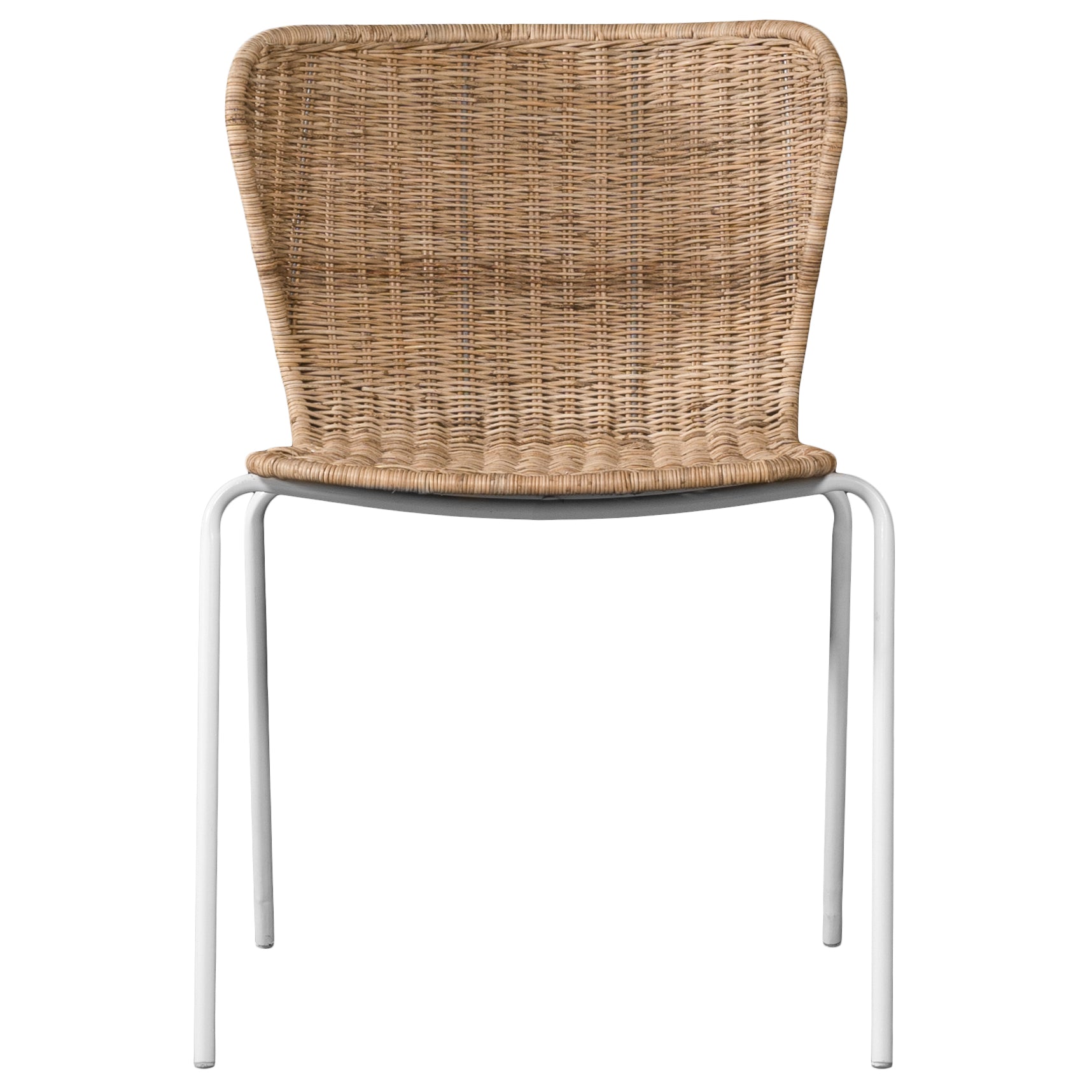 Contemporary dining chair with a sleek white metal frame and a handwoven natural rattan seat and backrest, offering a stylish and comfortable alfresco seating option