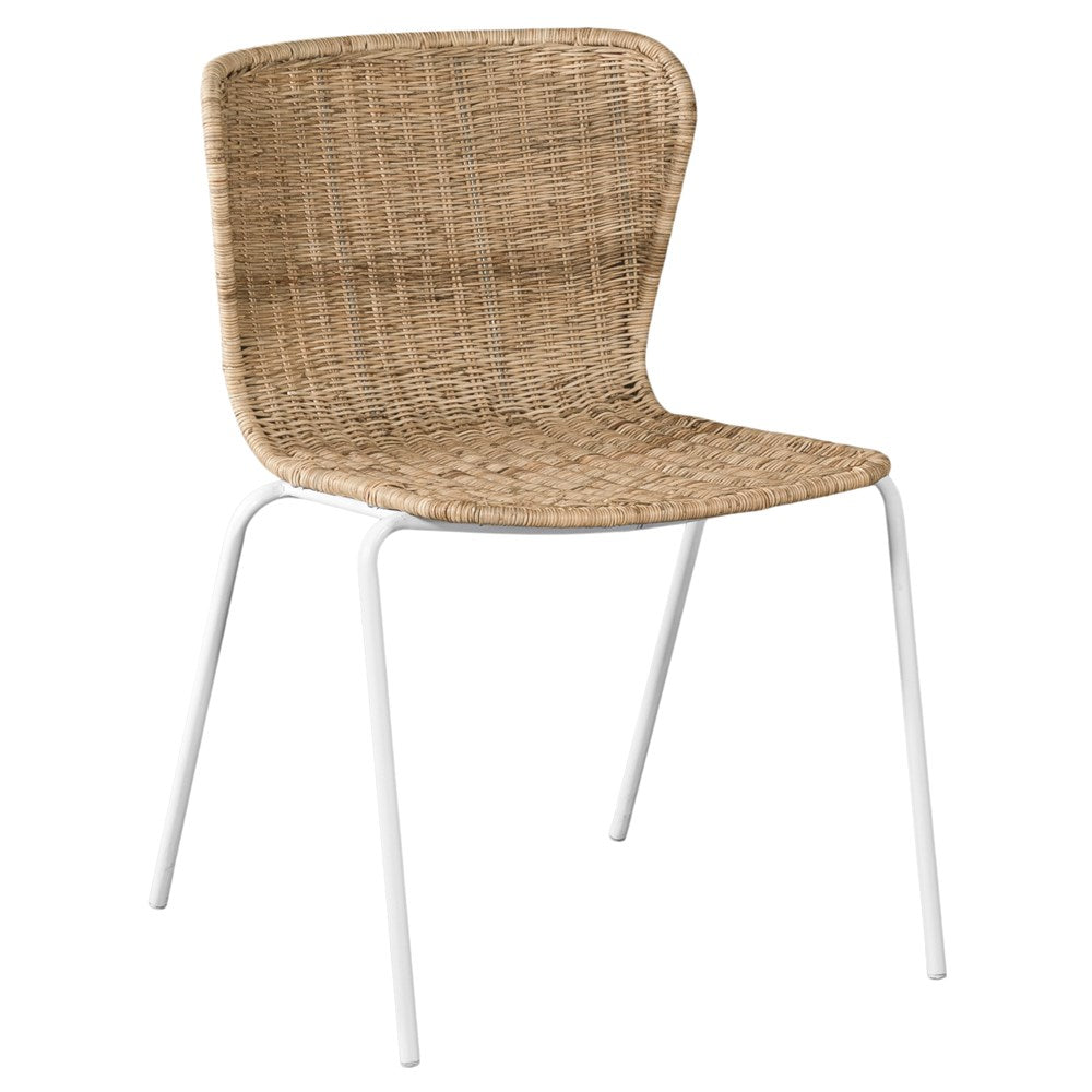 Contemporary dining chair with a sleek white metal frame and a handwoven natural rattan seat and backrest, offering a stylish and comfortable alfresco seating option