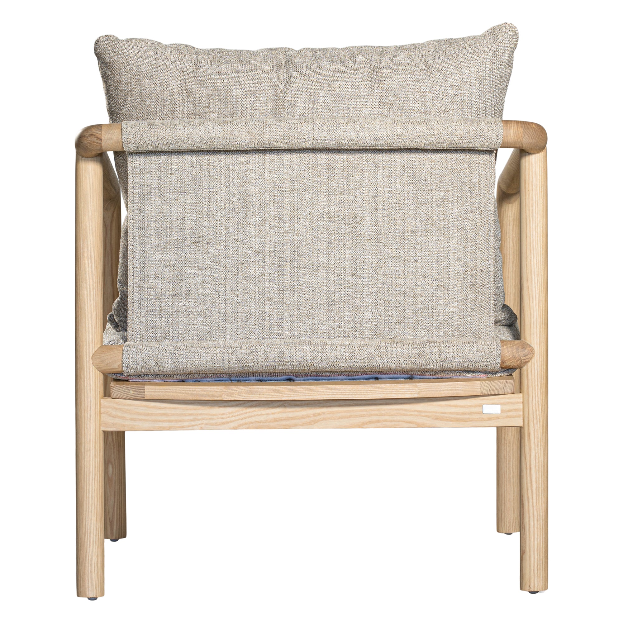 Minimalist ash armchair with natural linen cushions, featuring a sleek Scandinavian-inspired frame