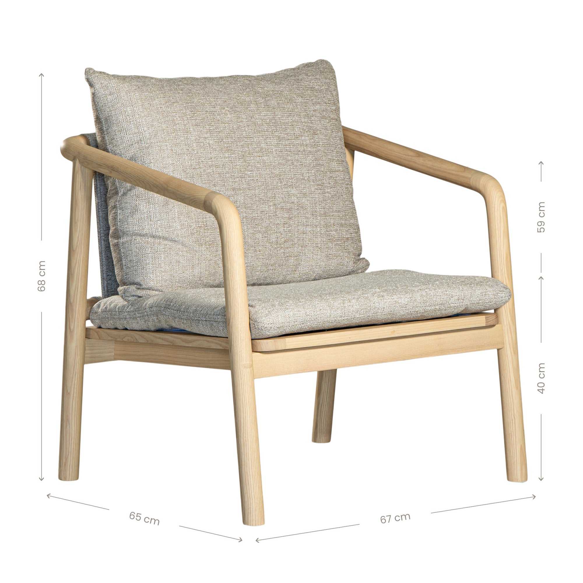 Minimalist ash armchair with natural linen cushions, featuring a sleek Scandinavian-inspired frame