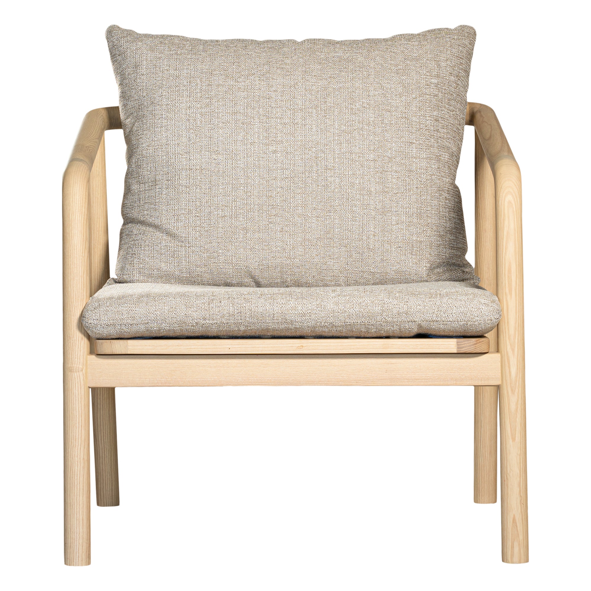 Minimalist ash armchair with natural linen cushions, featuring a sleek Scandinavian-inspired frame