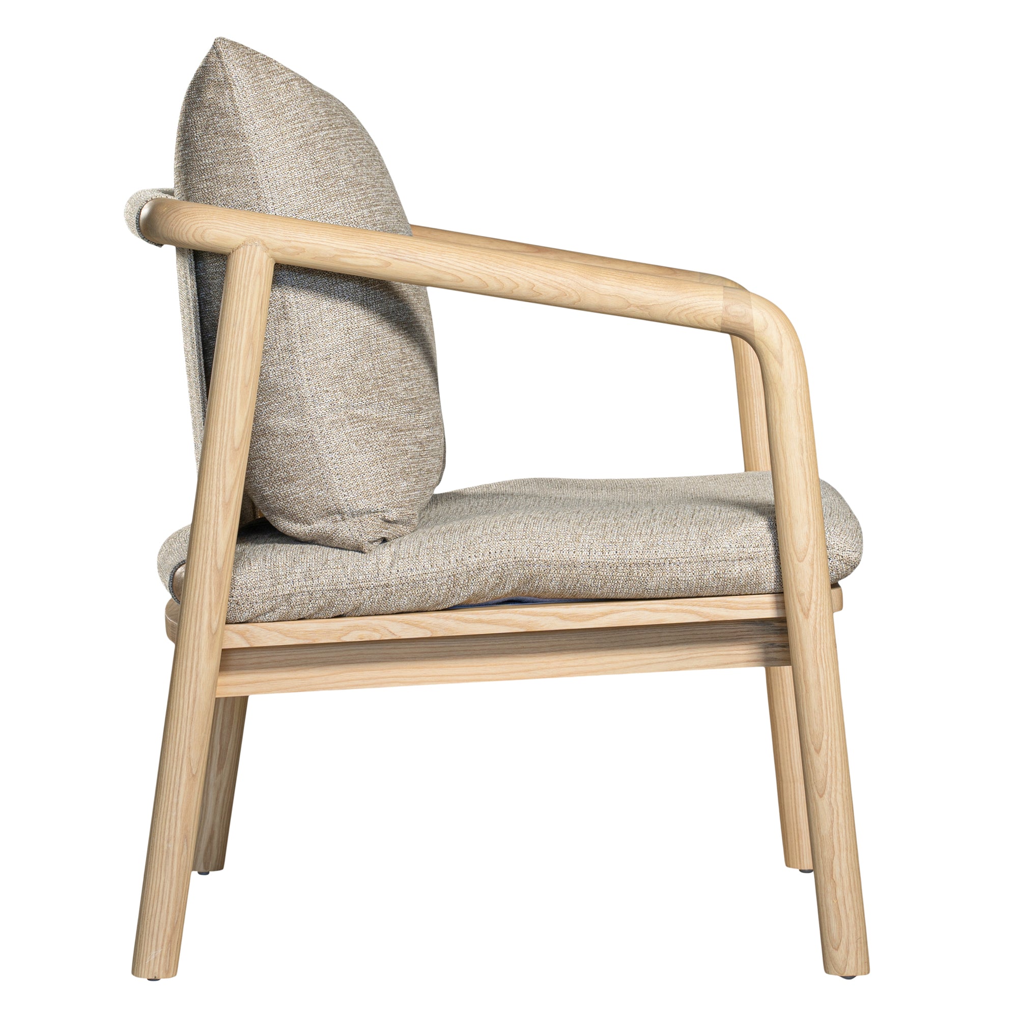 Minimalist ash armchair with natural linen cushions, featuring a sleek Scandinavian-inspired frame