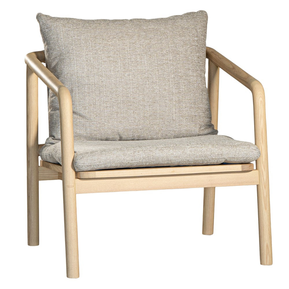 Minimalist ash armchair with natural linen cushions, featuring a sleek Scandinavian-inspired frame