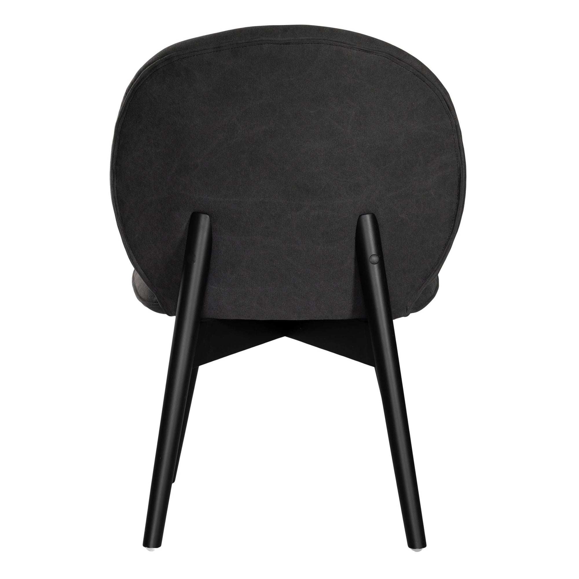 Side profile of a modern black dining chair with sleek black timber legs, offering a sophisticated and contemporary seating option