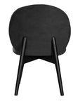 Side profile of a modern black dining chair with sleek black timber legs, offering a sophisticated and contemporary seating option