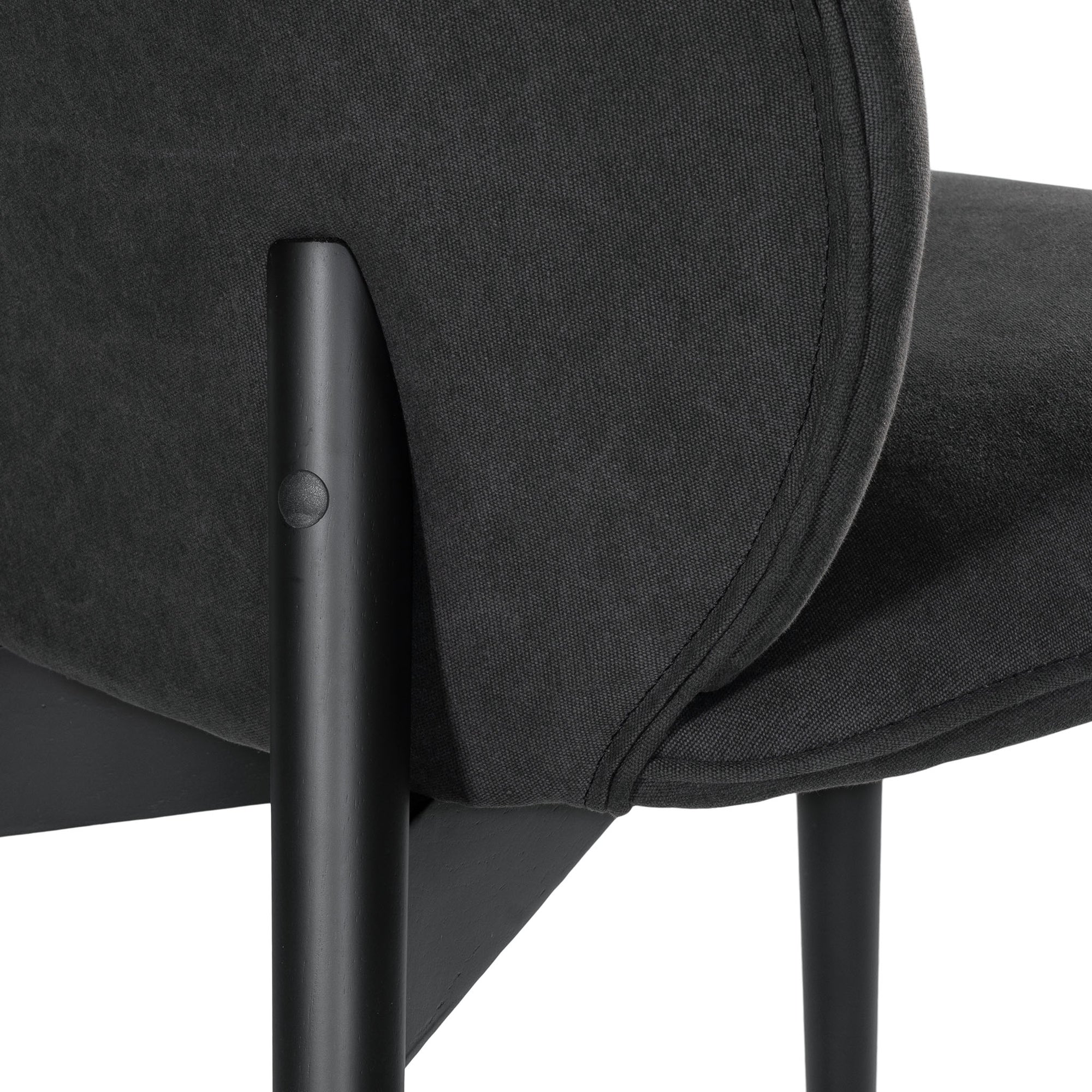 Side profile of a modern black dining chair with sleek black timber legs, offering a sophisticated and contemporary seating option