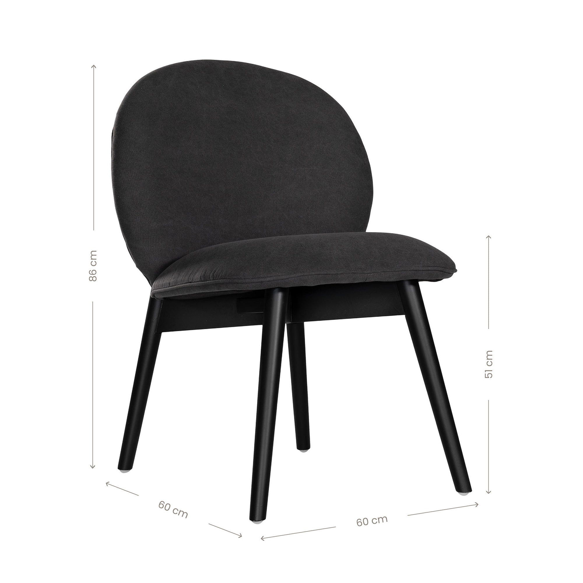 Side profile of a modern black dining chair with sleek black timber legs, offering a sophisticated and contemporary seating option