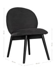 Side profile of a modern black dining chair with sleek black timber legs, offering a sophisticated and contemporary seating option