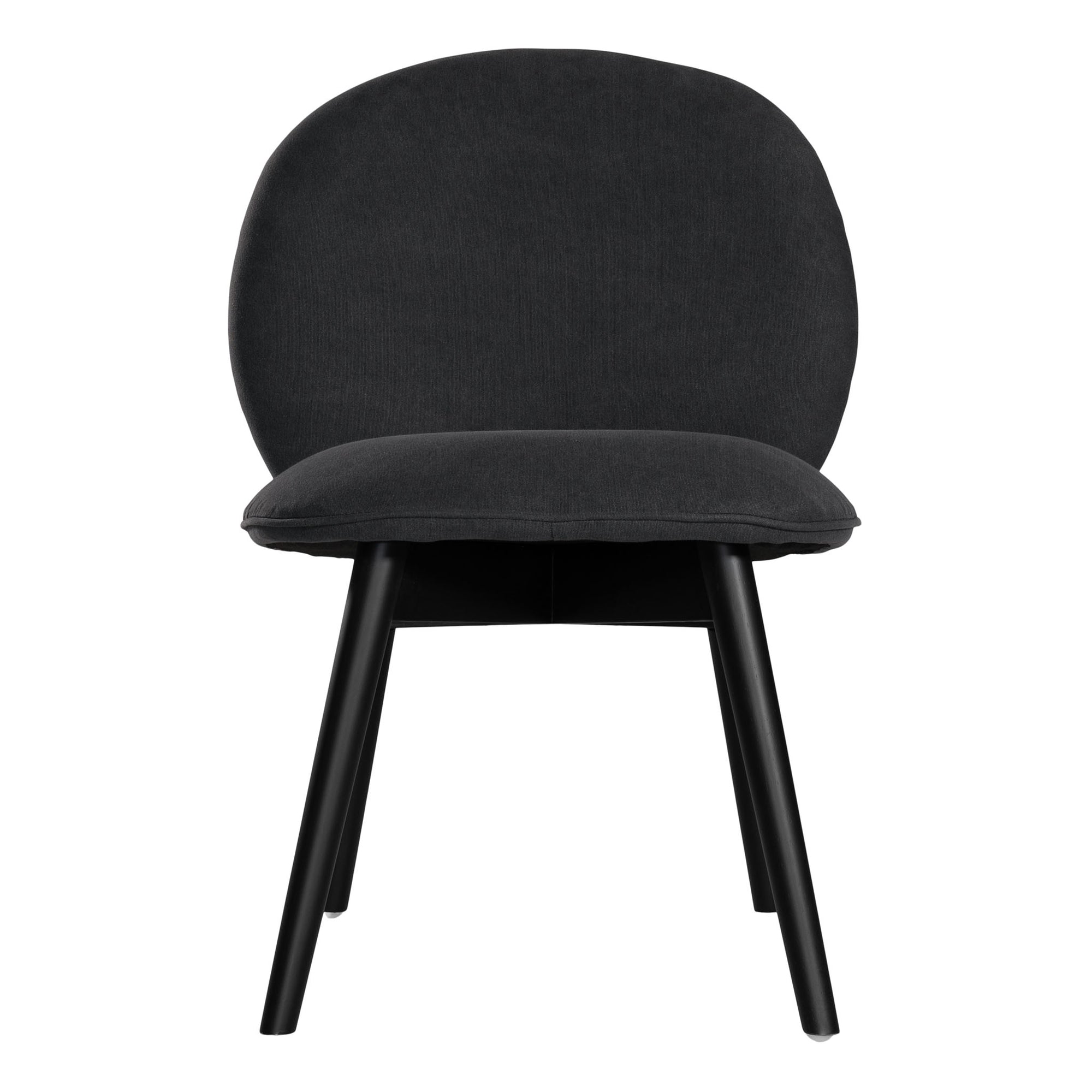 Side profile of a modern black dining chair with sleek black timber legs, offering a sophisticated and contemporary seating option