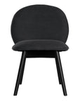 Side profile of a modern black dining chair with sleek black timber legs, offering a sophisticated and contemporary seating option