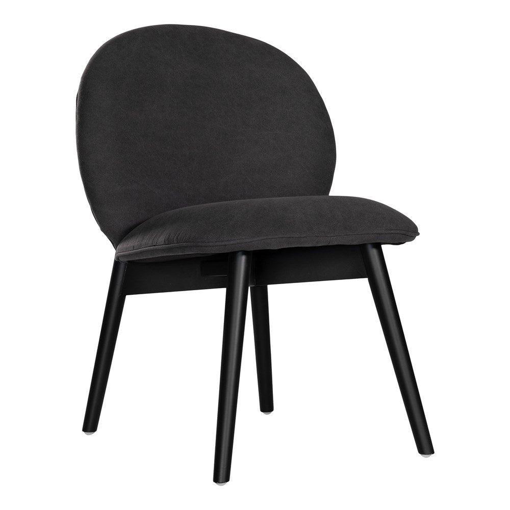 Side profile of a modern black dining chair with sleek black timber legs, offering a sophisticated and contemporary seating option