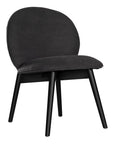 Side profile of a modern black dining chair with sleek black timber legs, offering a sophisticated and contemporary seating option