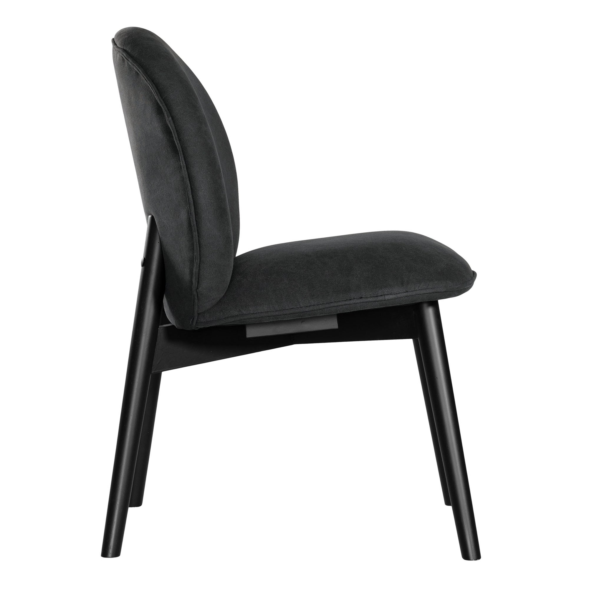 Side profile of a modern black dining chair with sleek black timber legs, offering a sophisticated and contemporary seating option