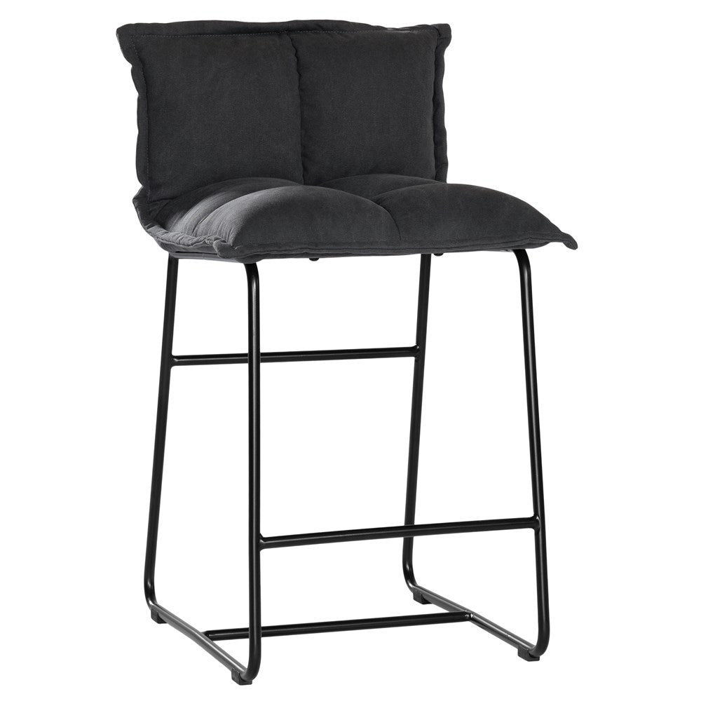 Black cushioned bar stool with a plush, padded seat and backrest, supported by a sleek black metal frame for a modern and comfortable seating option