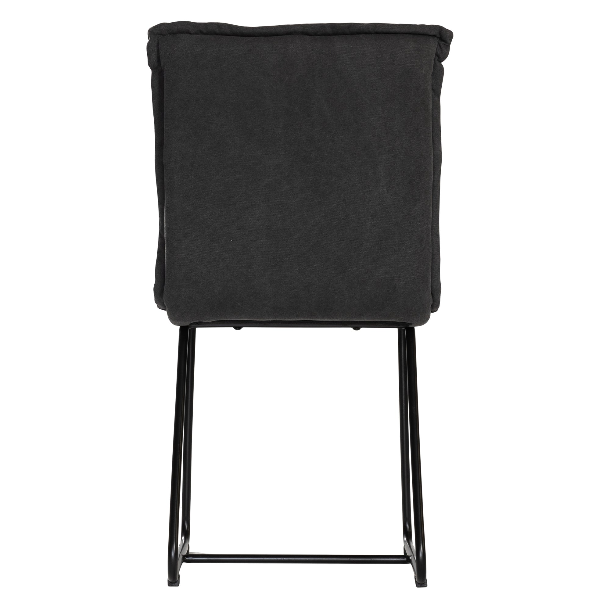 Black cushioned dining chair with a plush padded seat and high backrest, supported by a sleek black metal frame for a contemporary and comfortable seating option