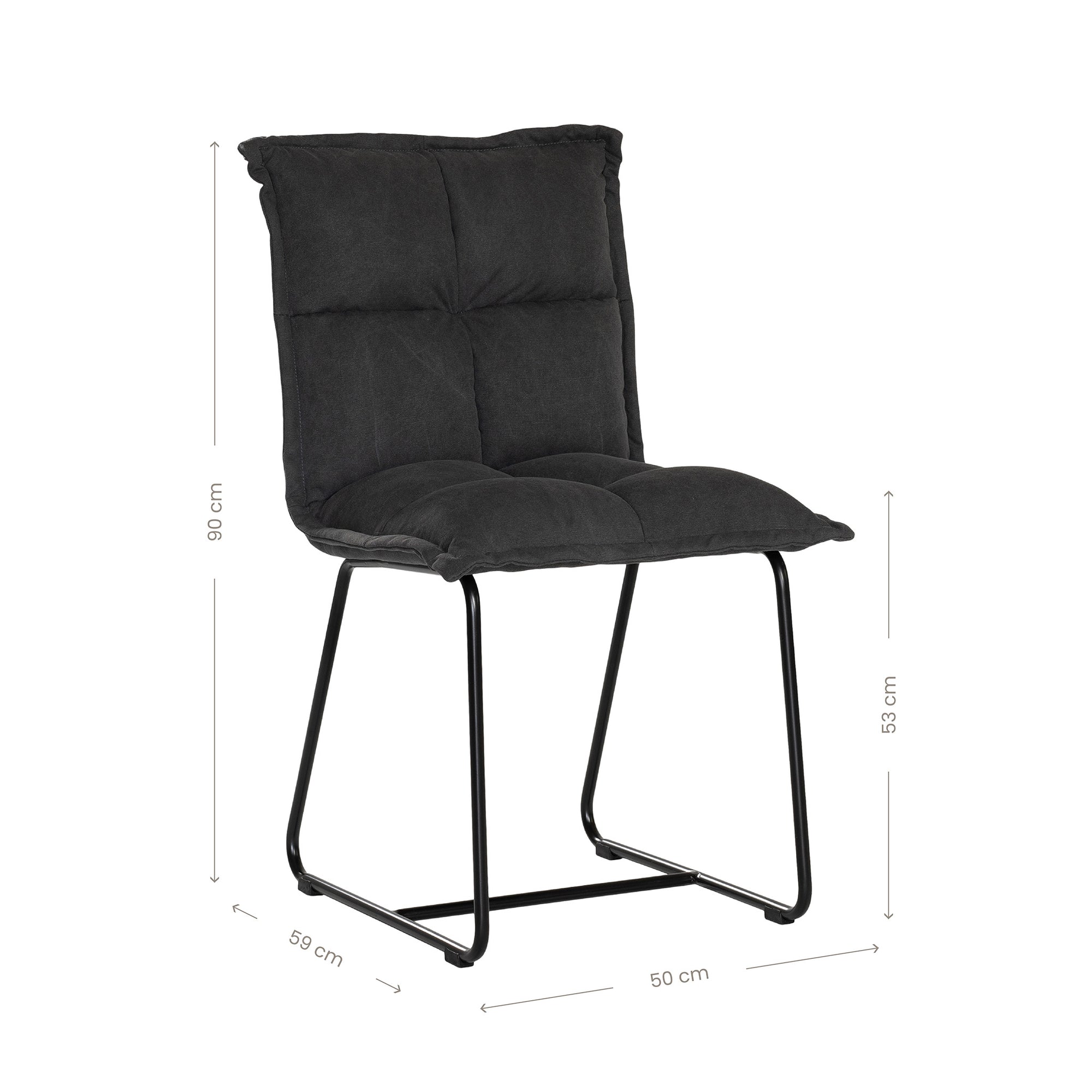 Black cushioned dining chair with a plush padded seat and high backrest, supported by a sleek black metal frame for a contemporary and comfortable seating option