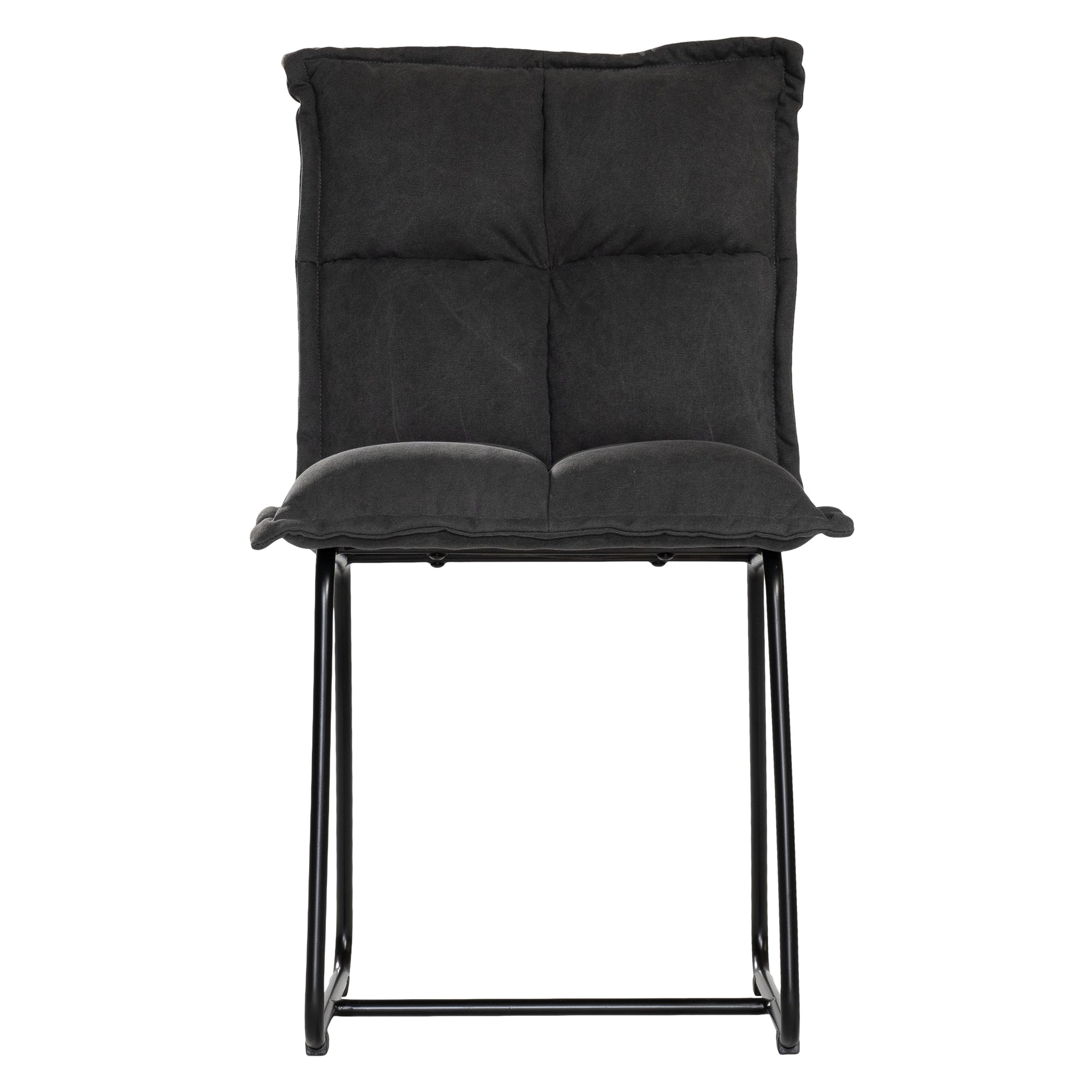 Black cushioned dining chair with a plush padded seat and high backrest, supported by a sleek black metal frame for a contemporary and comfortable seating option