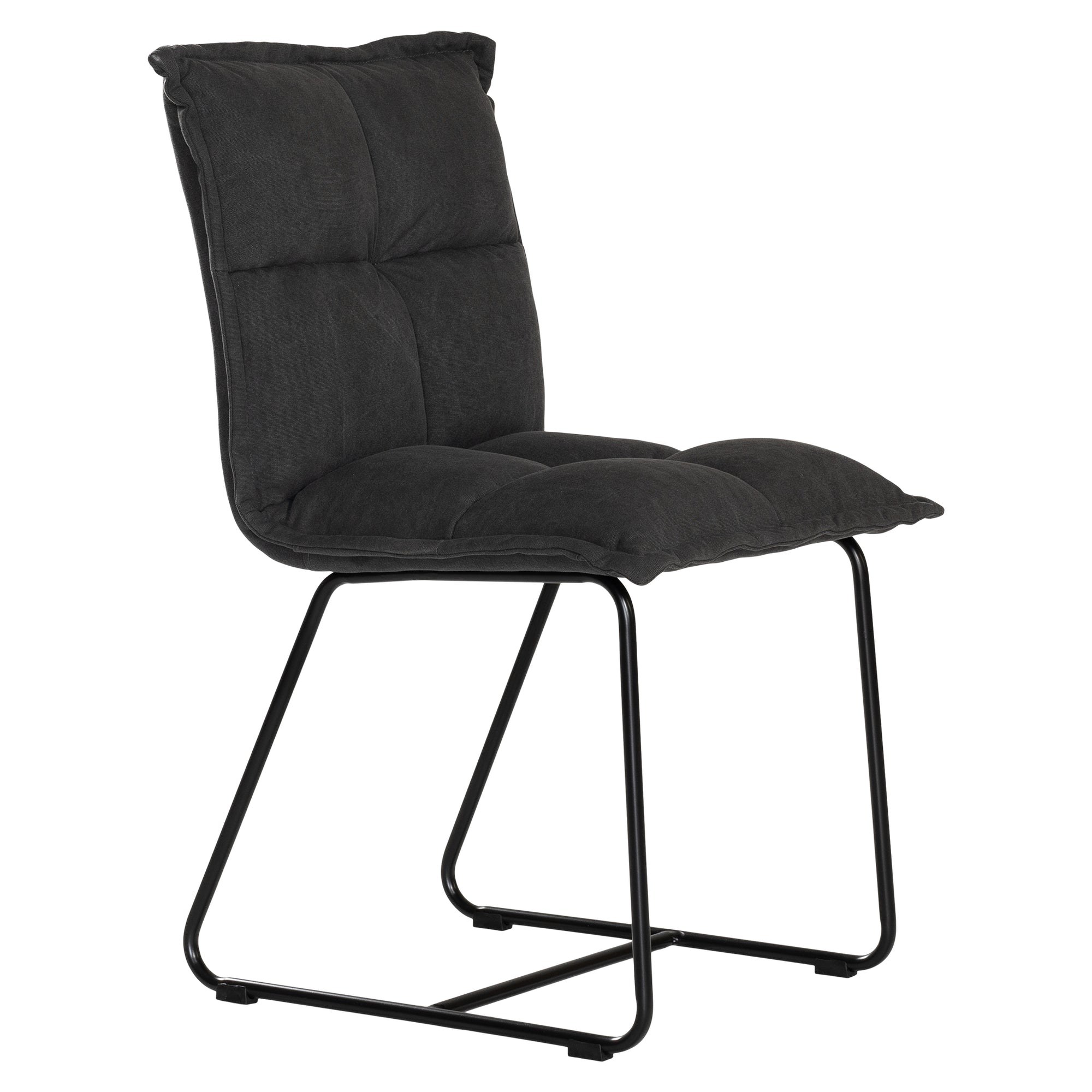 Black cushioned dining chair with a plush padded seat and high backrest, supported by a sleek black metal frame for a contemporary and comfortable seating option