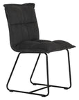 Black cushioned dining chair with a plush padded seat and high backrest, supported by a sleek black metal frame for a contemporary and comfortable seating option